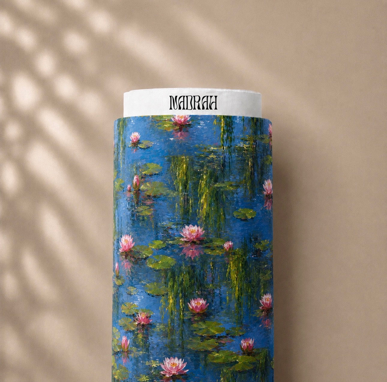 005 Water Lilies — blue water lily print cambric cotton fabric roll by NADRAH
