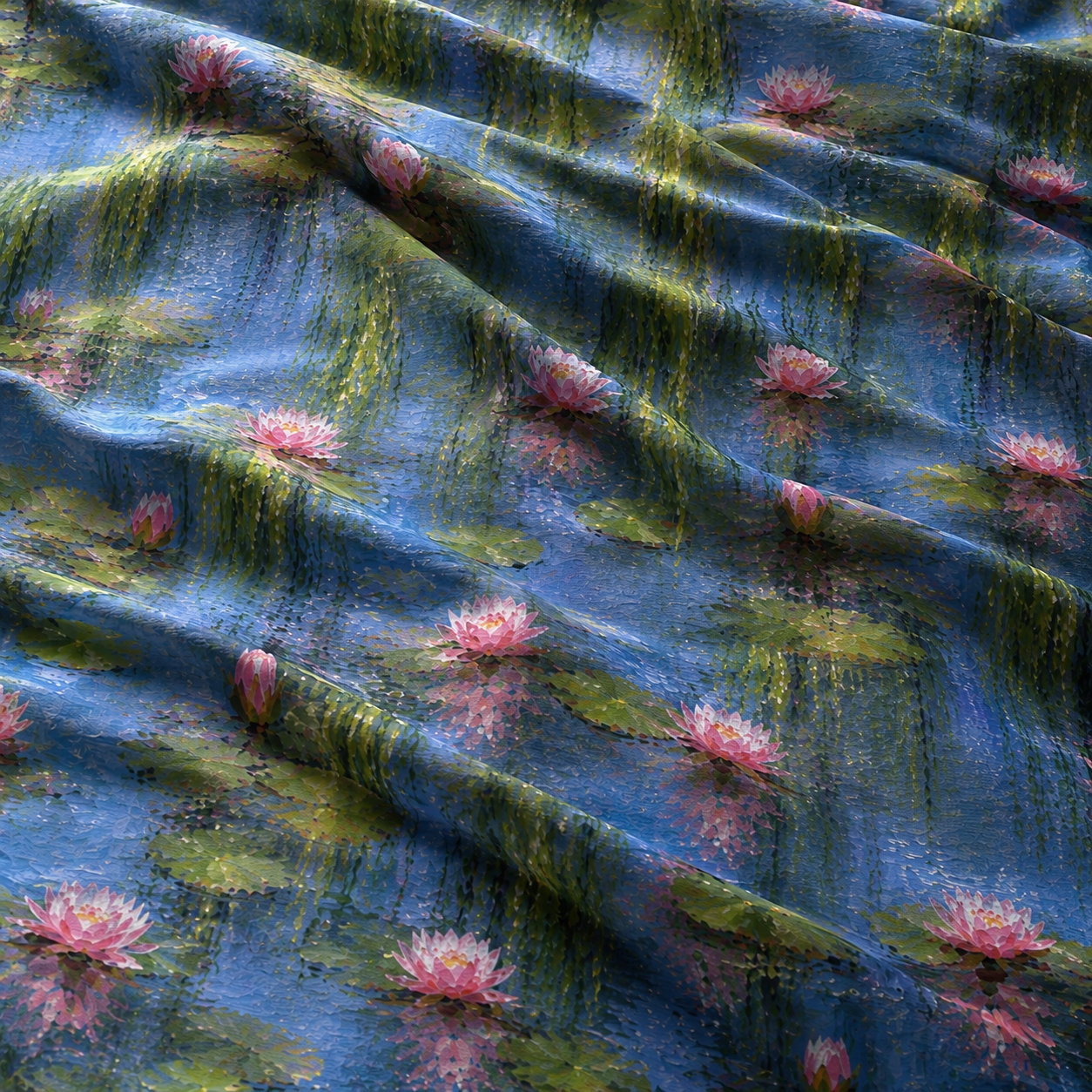 005 Water Lilies blue print cotton fabric detail